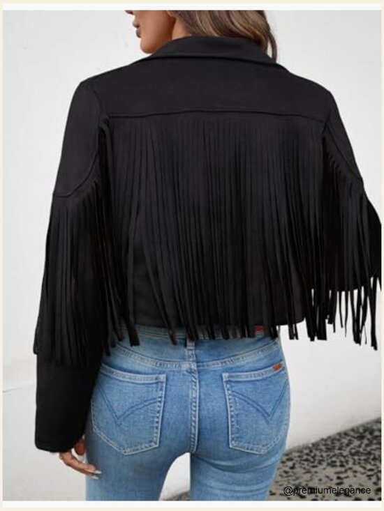 Faux Suede Leather Cropped Jacket with Fringe Tassel Sleeves Lined - Picture 2 of 7